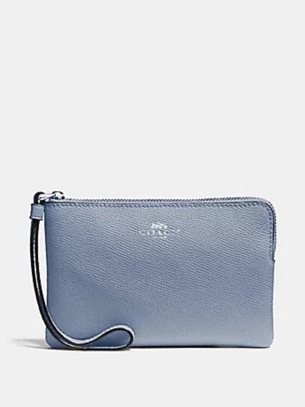 🆕 Coach 2022 Steel Blue Cross Grain Leather Corner Zip Wristlet